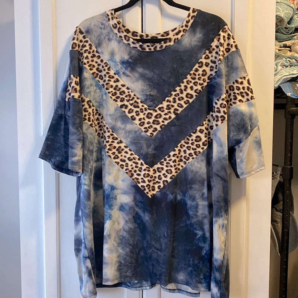 Dark blue tie dye and cheetah top.